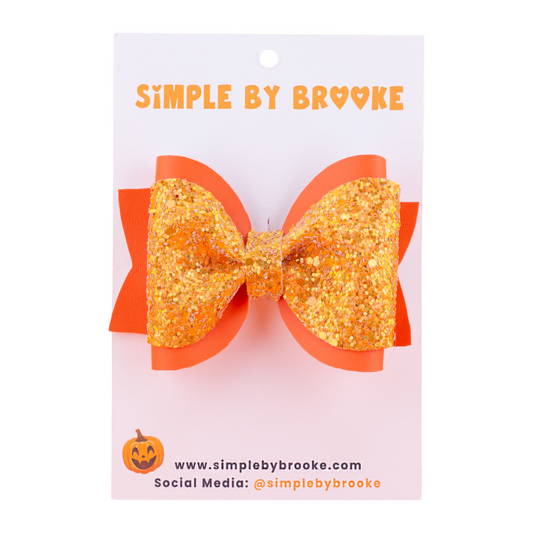 Orange Leather & Chunky Glitter Pinch Bow
