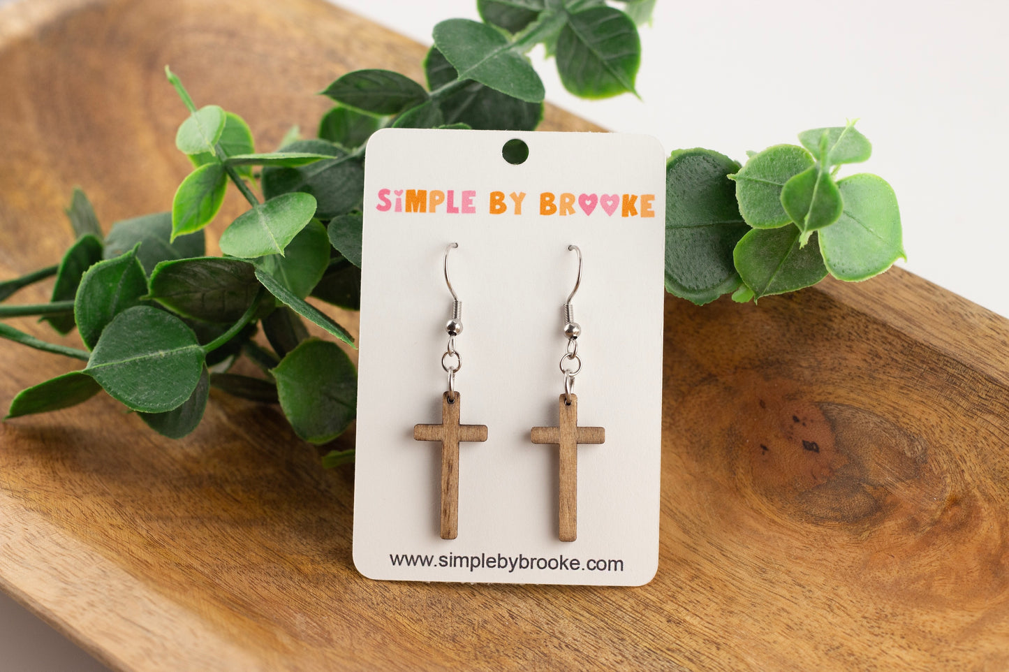 Wooden Cross Dangle Earrings