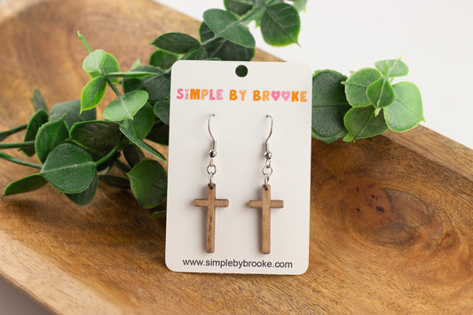 Wooden Cross Dangle Earrings